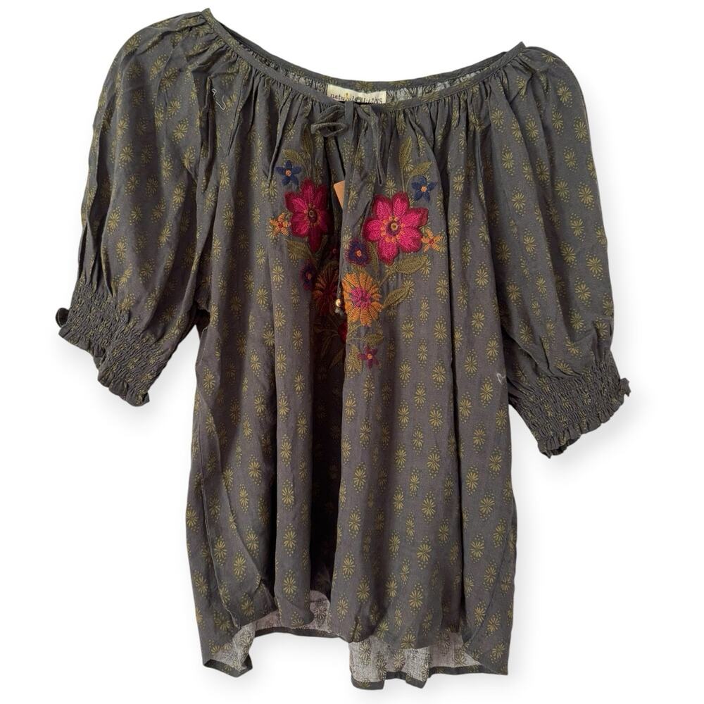 NWT Natural Life Green Floral Embroidered Popover Blouse Size XS